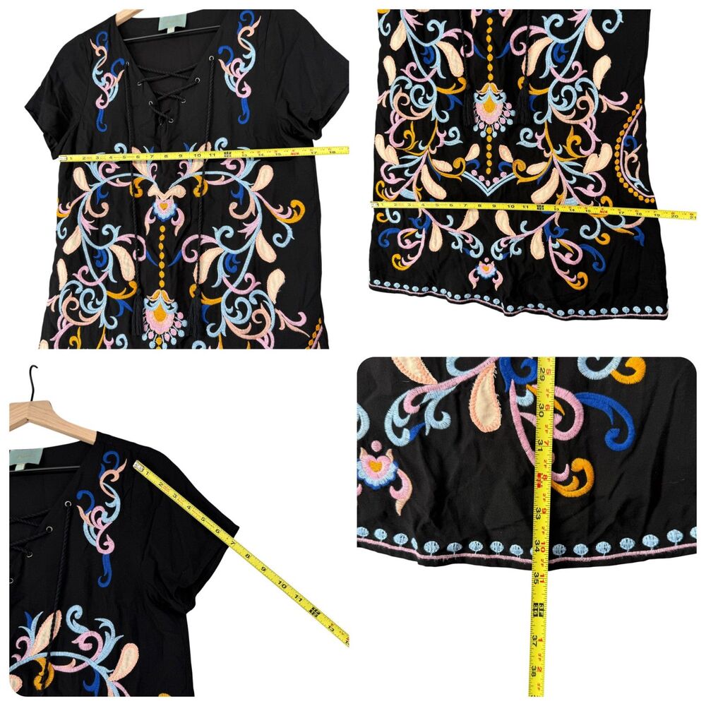 Skies Are Blue Dress Women Small Black Embroidered Boho Lace Up Tassel Shift EUC - Picture 7 of 9